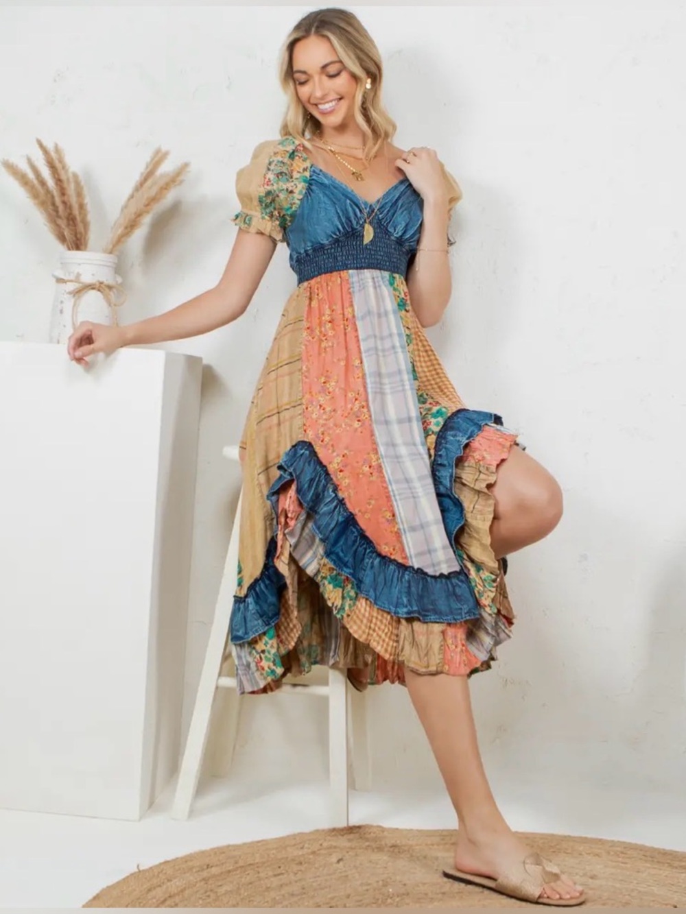 NWT Fair Trade Vegan Ruffled Asym Patchwork Boho Hem Midi Dress Sweet heart neck - Picture 2 of 7